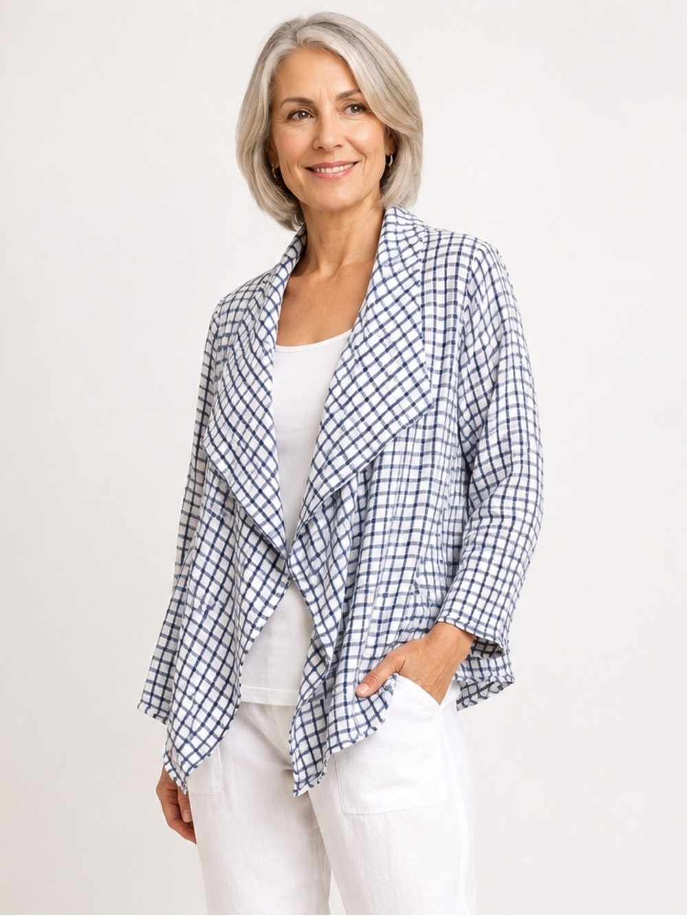 FLAX Linen Open Front Draped Cardigan Jacket Blue White Check Gauze Crop Petite